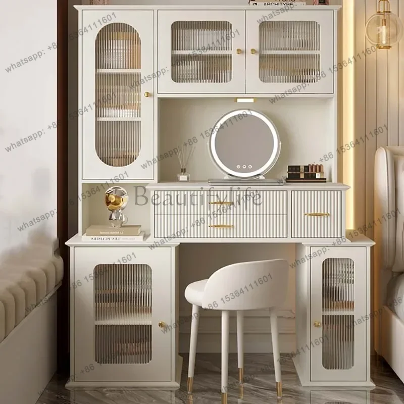 LJY Aesthetic White Vanity Table Mirror Chair Organizer Vanity Dressing Table Modern Small Comoda Pra Quarto Bedroom Furniture