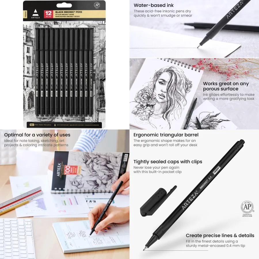 

ARTEZA Black Inkonic Fineliners Pens Set of 12 0.4 mm Fine Tip Markers Water-Based Art Pens for Drawing Sketching Journaling Ca