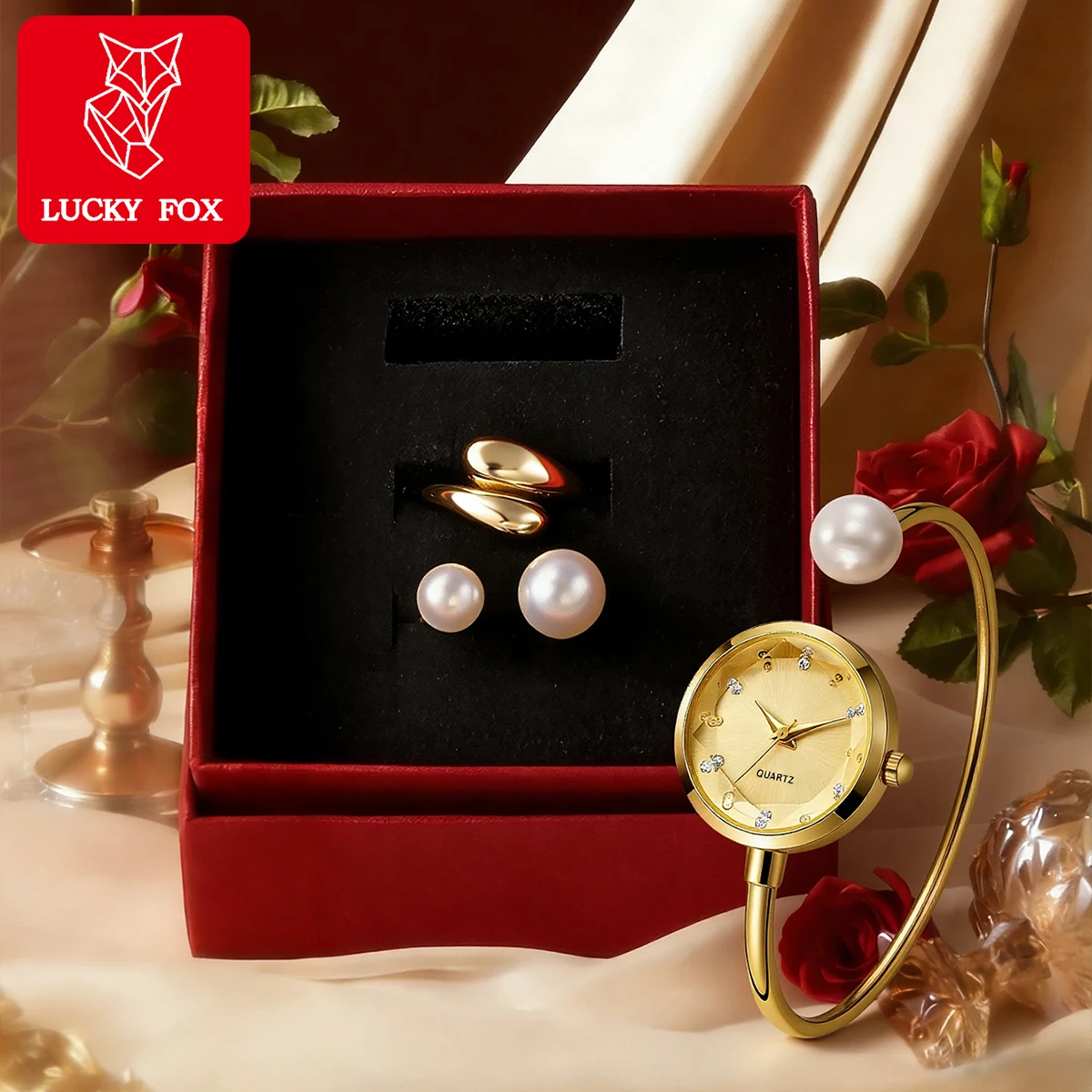 

Набор подарочных часов LUCKYFOX: модные женские часы с кольцом, кварцевые золотые наручные часы, подарочный набор для девушек