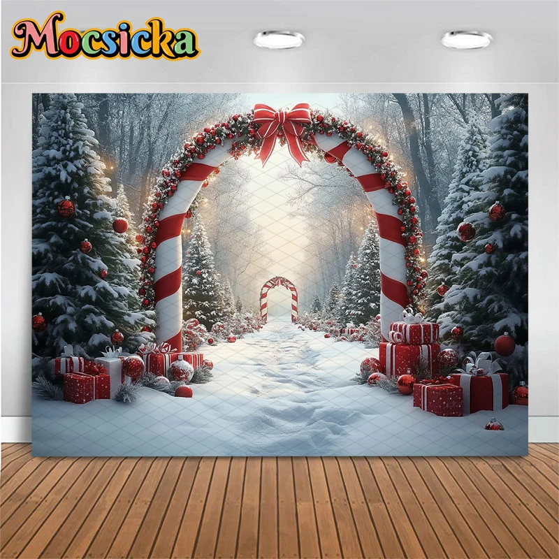 Mocsicka Christmas Backdrop Photography Xmas Tree Snow Lollipop Gifts Decoration Children Family Holiday Party Background Banner