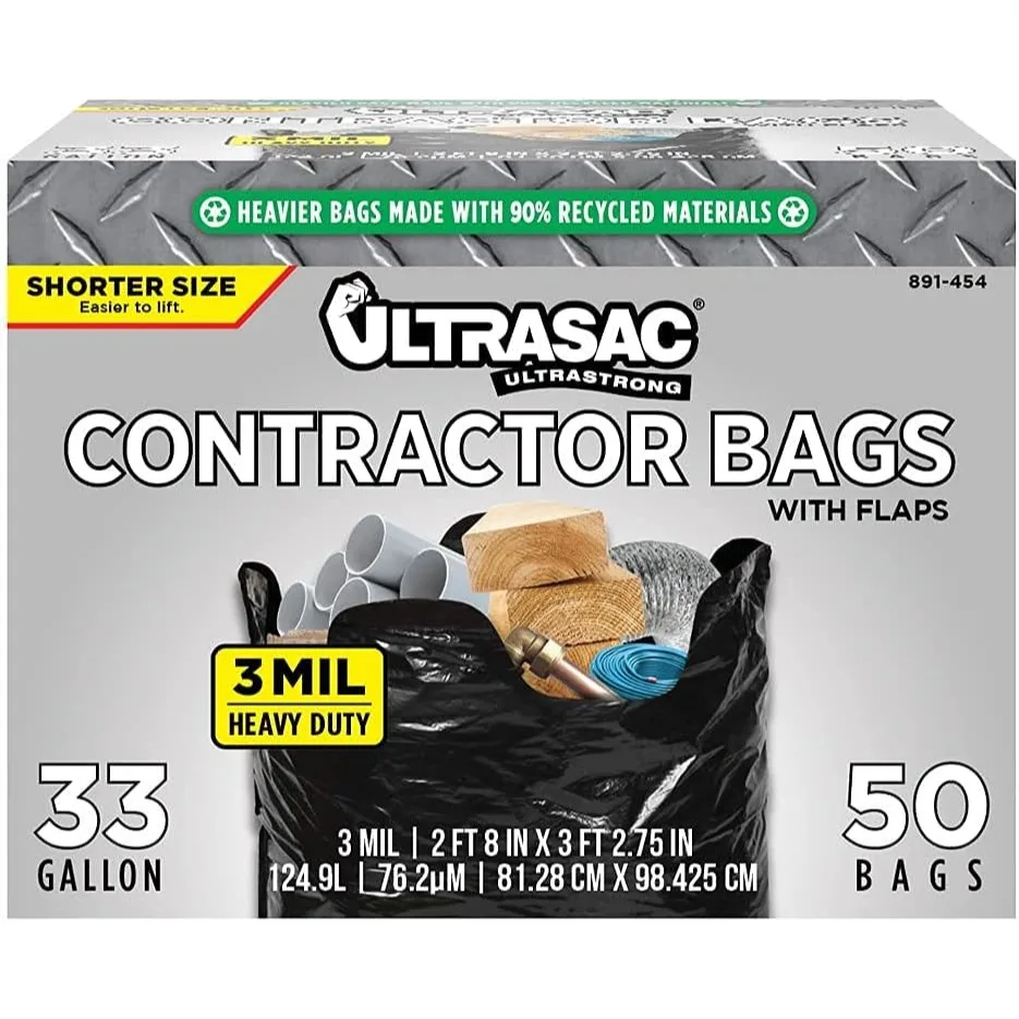 

Heavy Duty Contractor Trash Bags, 3 MIL Thick 39x32 Inch, 33 Gallon, 50 Pack with Ties for Construction Lawn Leaf