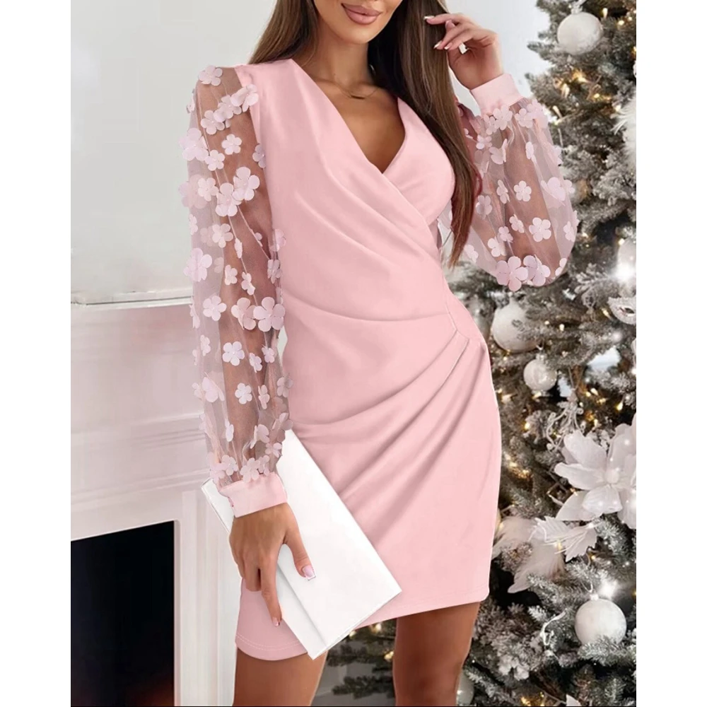 

Women's Floral Sheer Mesh Ruched Bodycon Dress, Long Sleeve, Midi Party Dress, Sexy V-Neck, Evening Dress, Elegant, Birthday