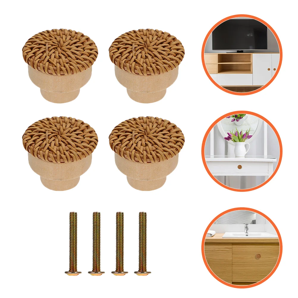 

4 Pcs Bamboo Handle Dresser Knob Drawer Handles Rattan Suits Pulls Knobs for Drawers Vanity Table Furniture Wooden