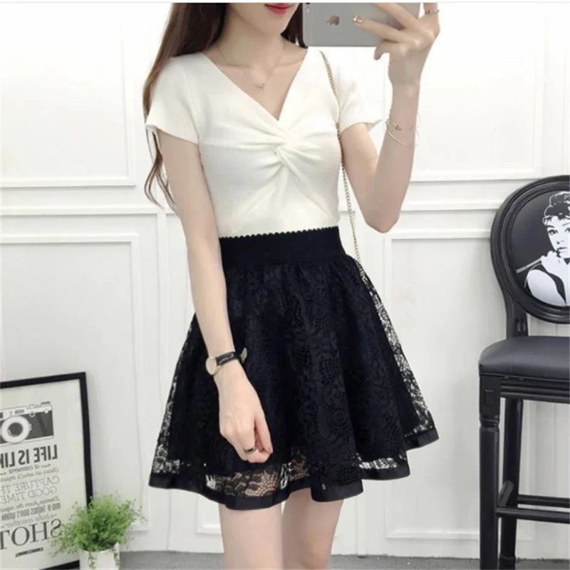 Spring Summer Women Skirt Sexy Lace Mesh Hollow Out Slim Bodycon Tight A-line Elegant Transparent Black White Skirt