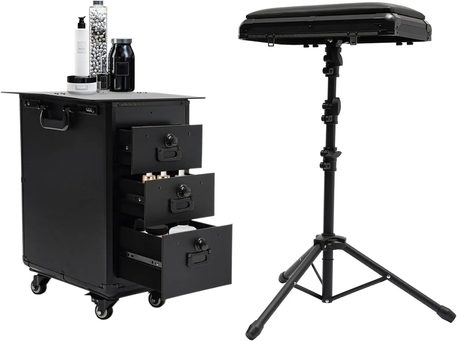 Lockable Makeup Organizer Suitcase, Travel Beauty Luggage Trolley, Cosmetic Storage Box with 3 Drawers, Removable Tripod