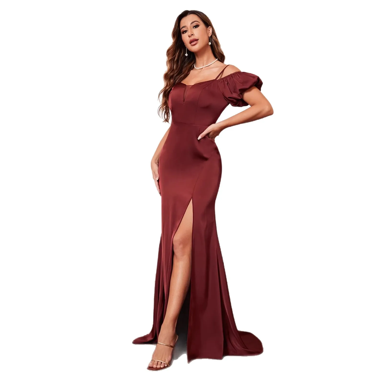 Sexy Off Shoulder Side High Split Back Lace Up Long Formal Evening Party Dress Bungundy