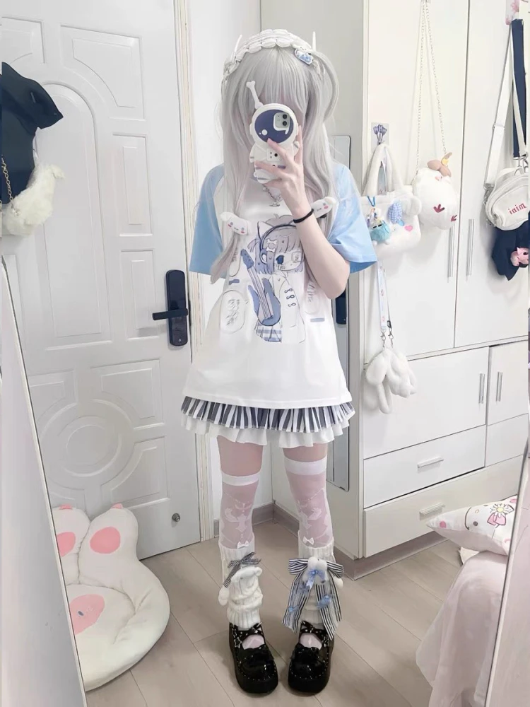 Cseta de Manga Corta para Mujer, Estilo Veraniego, Nueva, Subcultura Japonesa, Bloques de Color, Estilo Dulce, Estampado I...