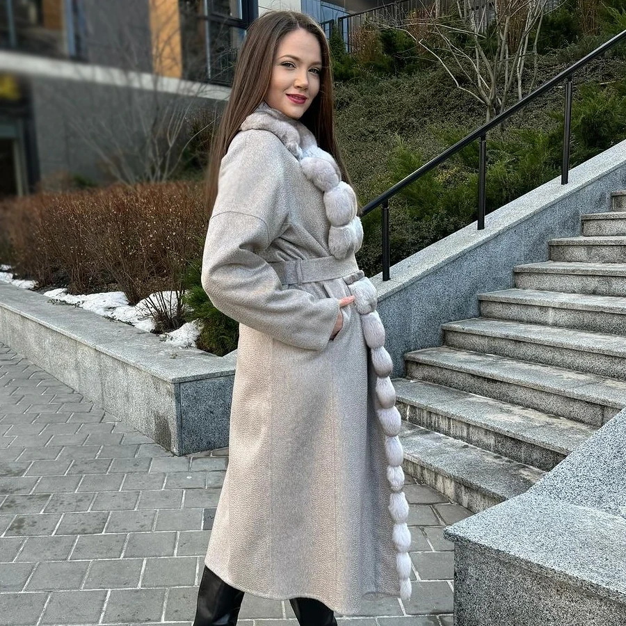 Women Cashmere Coat Real Rabbit Fur Coat Winter Wool Blend Cardigan With Belt Luxury Best Selling