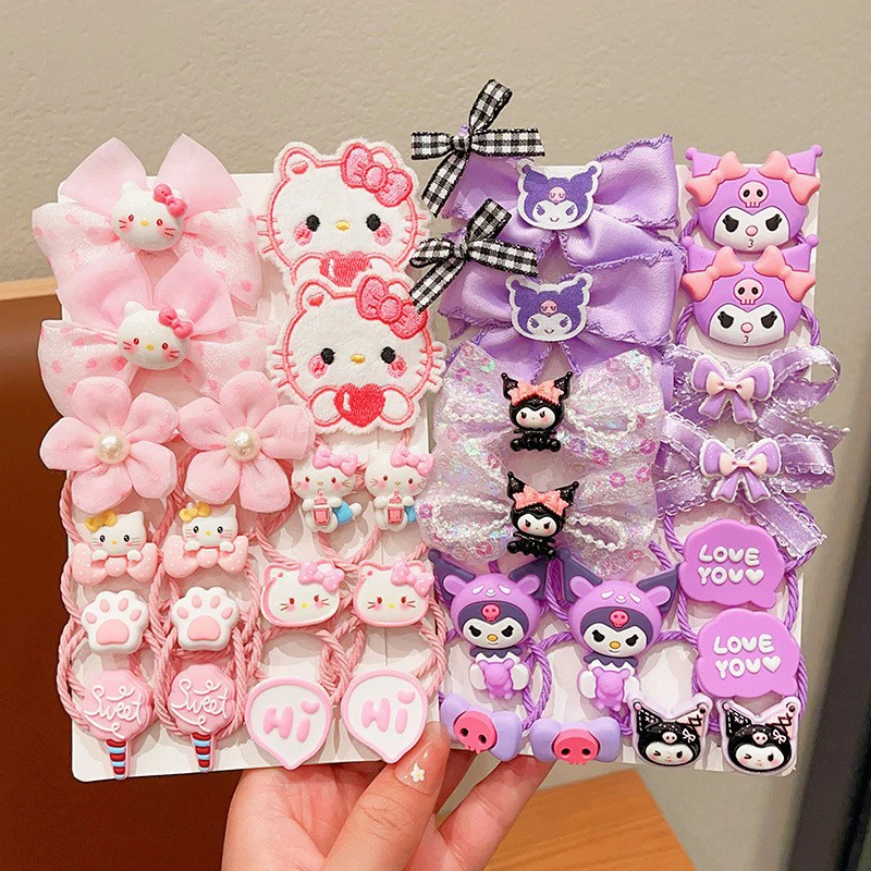 16Pcs Sanrio Kawaii Hello Kitty Stretch Bow Hair Tie for Kids Kulomi Double Ponytail Leather Band Hair Accessories Student Gift