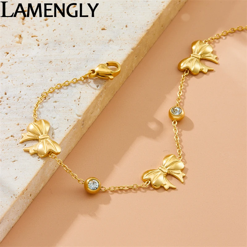 LAMENGLY 316L Stainless Steel Cute Full Bowknot Series Bracelet For Women Girl Elegant Chic Wrist Chain Jewelry Accessories Gift