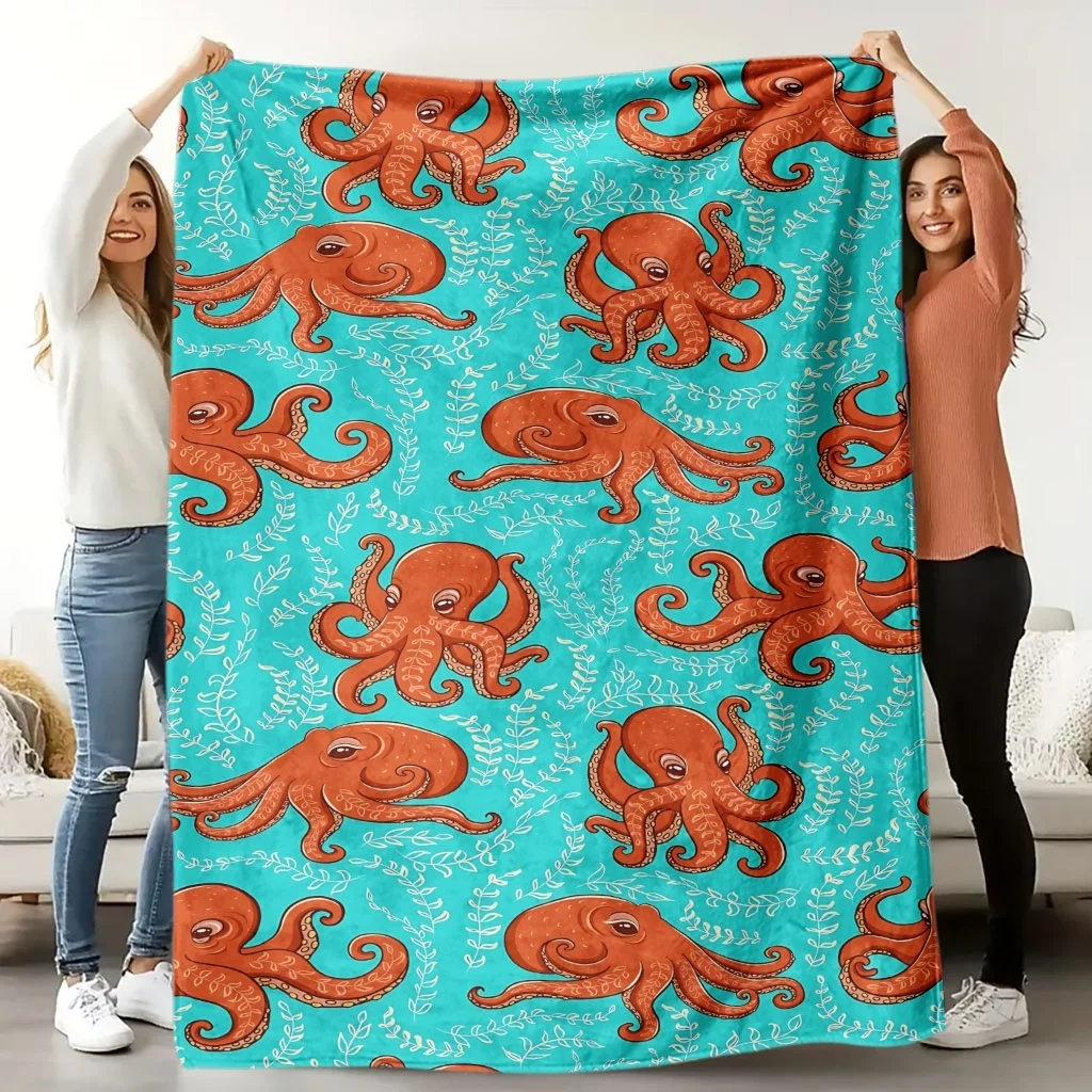 Bright Cyan Base Cartoon Orange Octopus Seaweed Full Print Fluffy Throw Blanket, Warm Soft Couch Ocean Marine Kids Home Gift