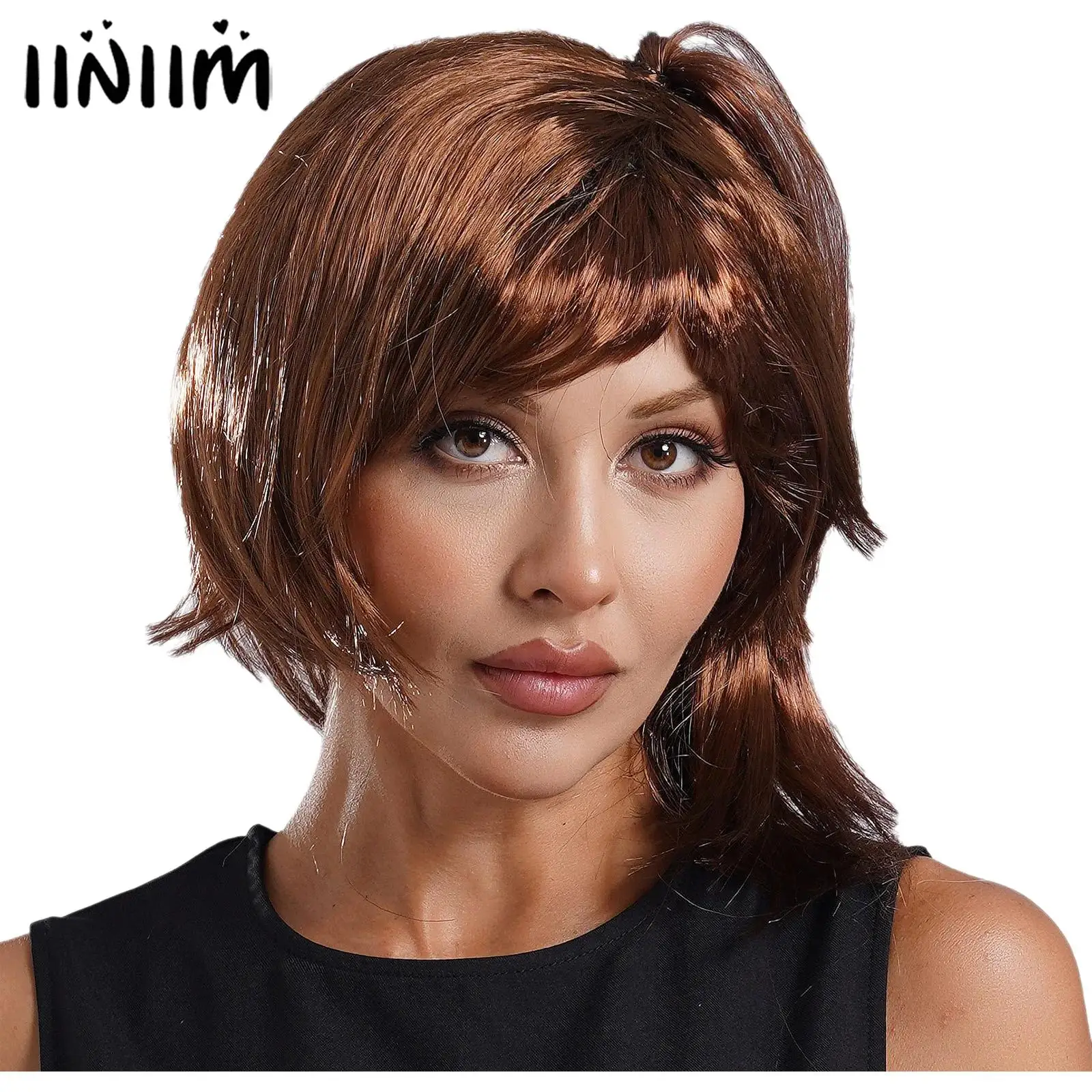 Womens Bob Wigs with Bangs Schoolgirl Styling Synthetic Hair Wigs with Meshcap Halloween Cosplay Music Festivals Clothings