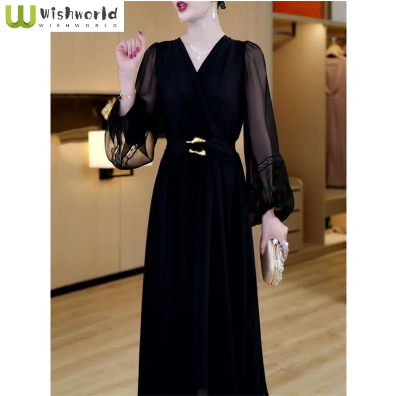 

Black Women's Fashion Dress Spring and Autumn New Style Socialite V-neck Long Sleeved Slimming Temperament Dress