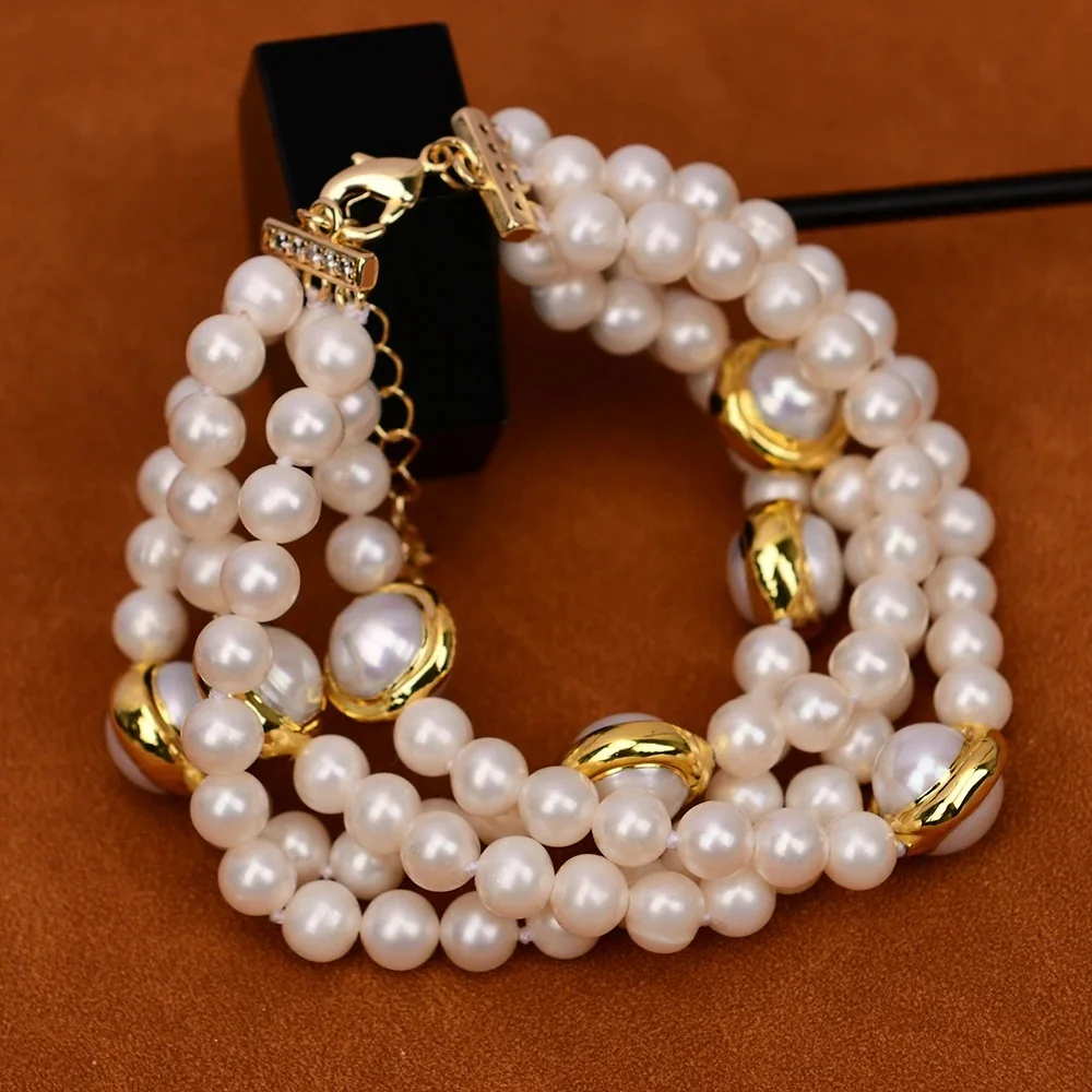 8'' 4 Strands Cultured White Round Pearl Yellow Gold Edge Plated White Pearl Bracelet Lady Party Jewelry Gifts