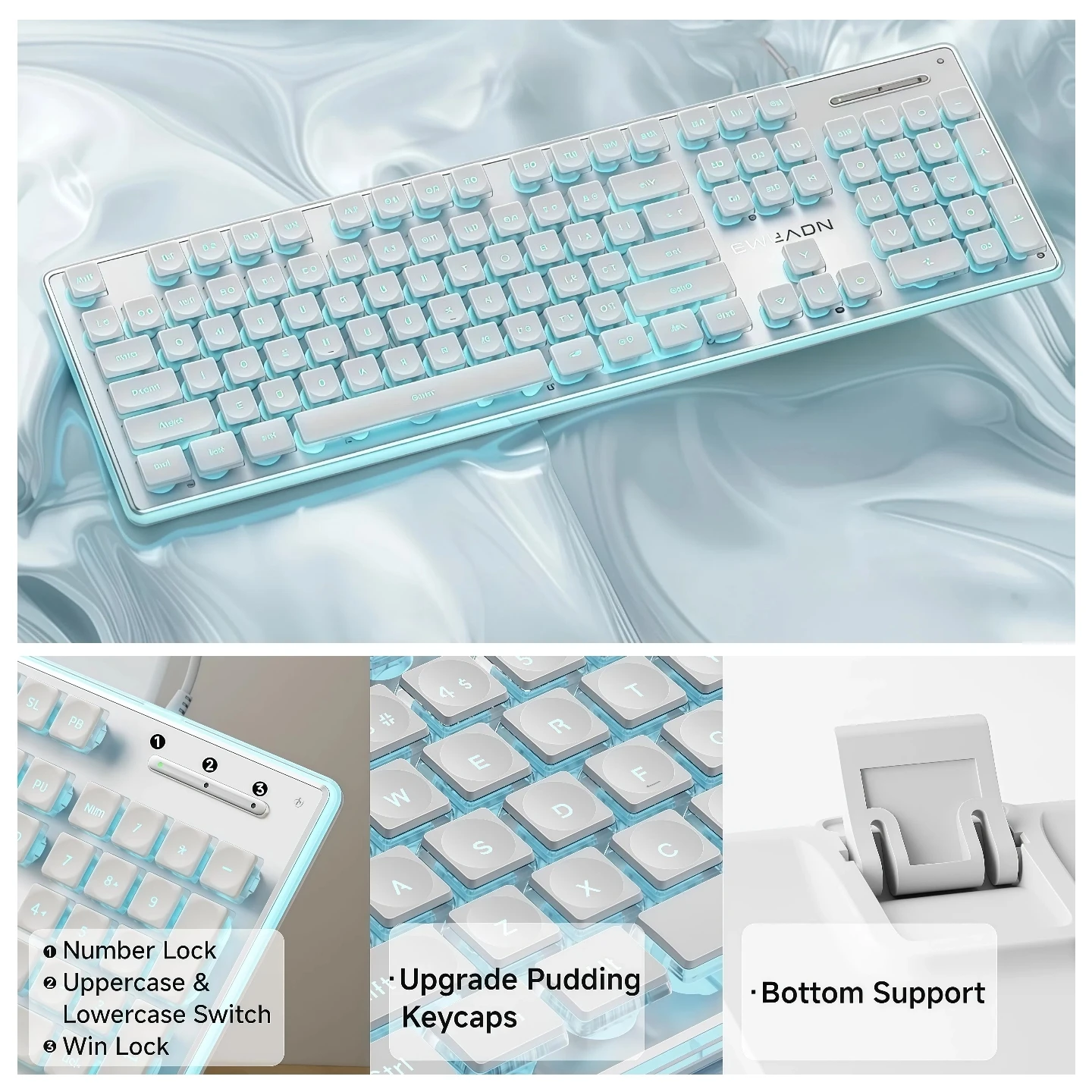 Metal Backplate Gaming Keyboard with Crystal Keycaps RGB LED Backlight Wired USB 104 Keys Full Size Silent Mechanical Feel Aluminum Panel Transparent Base for PC Laptop Gaming Office Programmer Typist Aesthetic Desk Setup Windows Mac Plug and Play