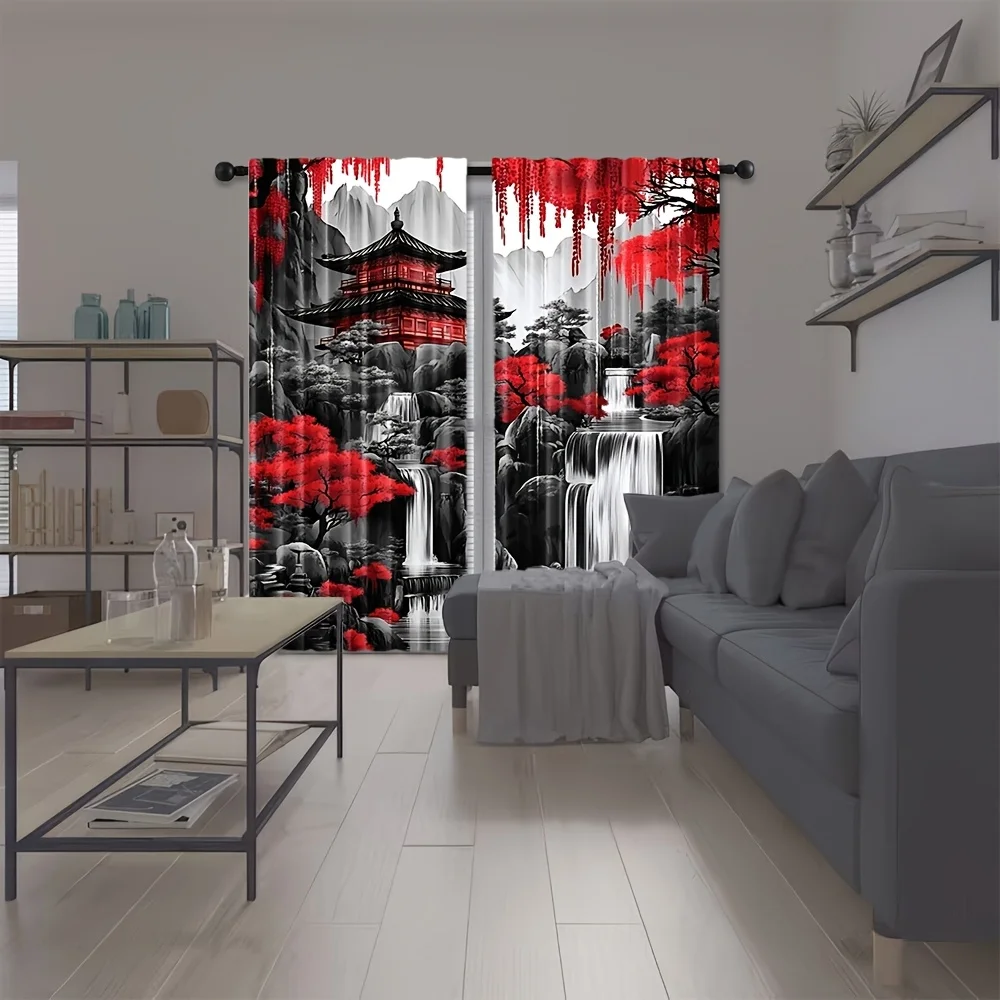 2pcs Chinese Landscape Pagoda Print Curtains Red Black Waterfall Pattern Polyester Window Drapes for Living Room Bedroom