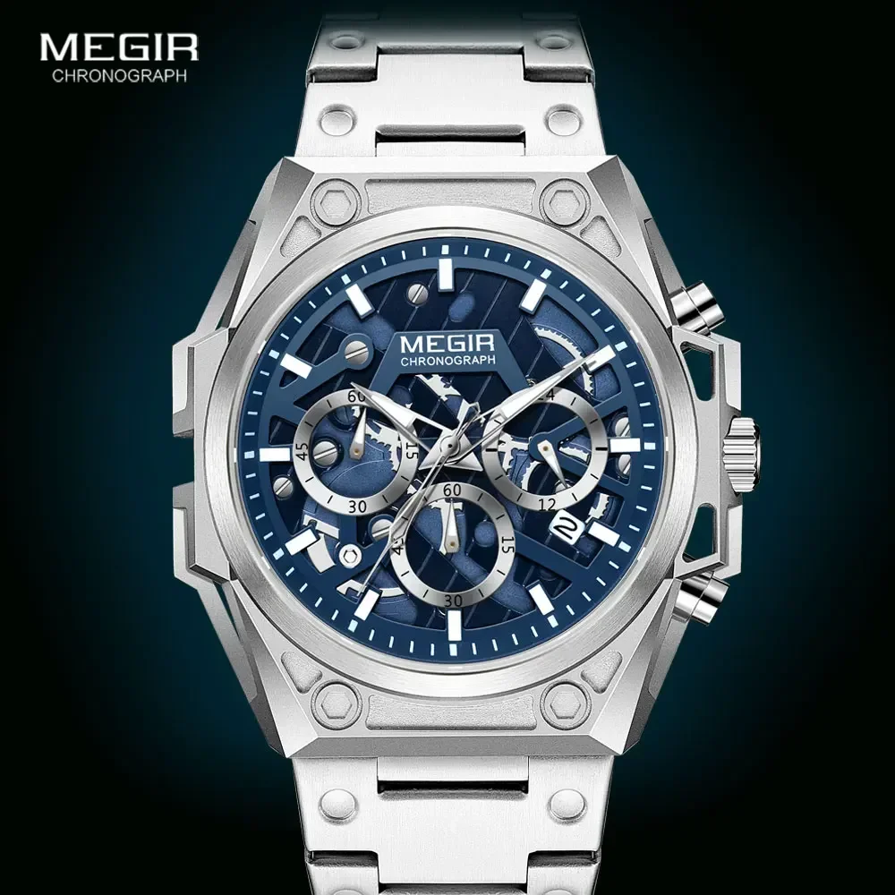 MEGIR สีฟ้านาฬิกาผู้ชายสแตนเลสนาฬิกาข้อมือชายนาฬิกากันน้ํา Chronograph ควอตซ์นาฬิกา Relogio Masculino часы