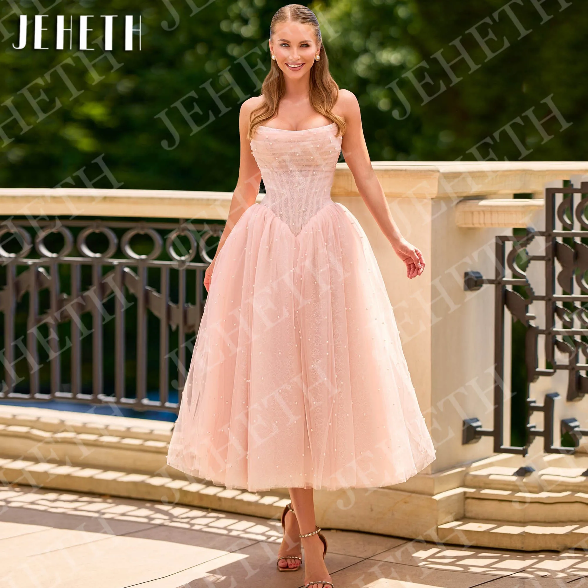 

JEHETH Strapless Prom Dresses Pearls Tulle Lace A Line Graduation Dress Pink Tea Length Customized Sleeveless robes de soirée
