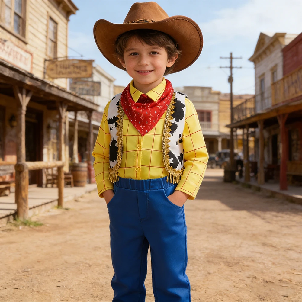 

Kids Boys Cowboys Sets Shirt+Vest+Pants 3Pcs Children Toy Woody Cosplay Costume for Birthday Easter Boy Performance Outfits