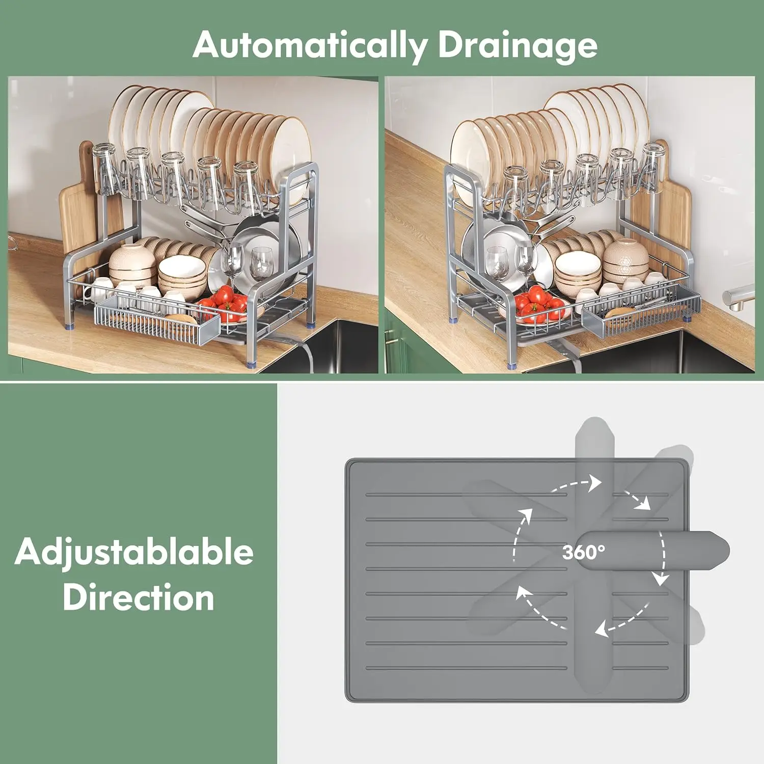 

2 Tier Dish Drying Rack and Drainboard Set, Large Stainless Steel Dish Drainers for Kitchen Counter, Strainer Shelf with