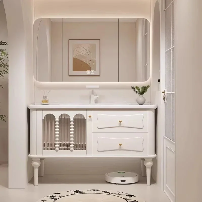 French Cream Light Bathroom Cabinet Drawer Ceramic Fixed Mirrors Storage Organizer Wall Mounted Vanity Small Sink Mobile Ba