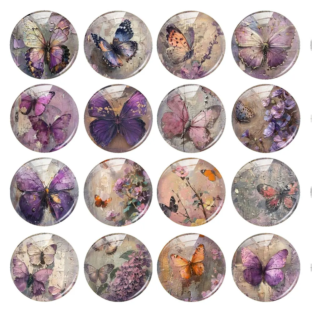 Random Mixed Round/Oval/Square Retro Purple Butterflies Flower Photo Glass Cabochon Flatback Demo Cameo For Diy Jewelry Making