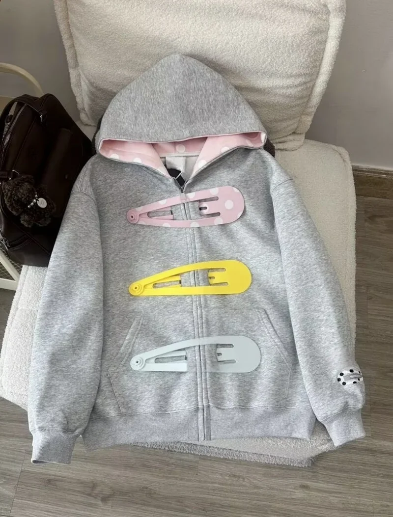 American Fun Abnehmbare Haarspangen-Sweatshirt 2026 Neue Herbst Süße Retro Reißverschluss-Jacke mit Punk-Hoodie und Polka-Dot-Splicing