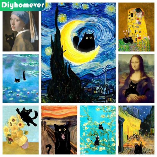 재미있는 귀여운 검은 고양이 5D DIY 다이아몬드 페인팅 모자이크 유명한 그림, 반 고흐 모네 자수 크로스 스티치 그림 홈 장식