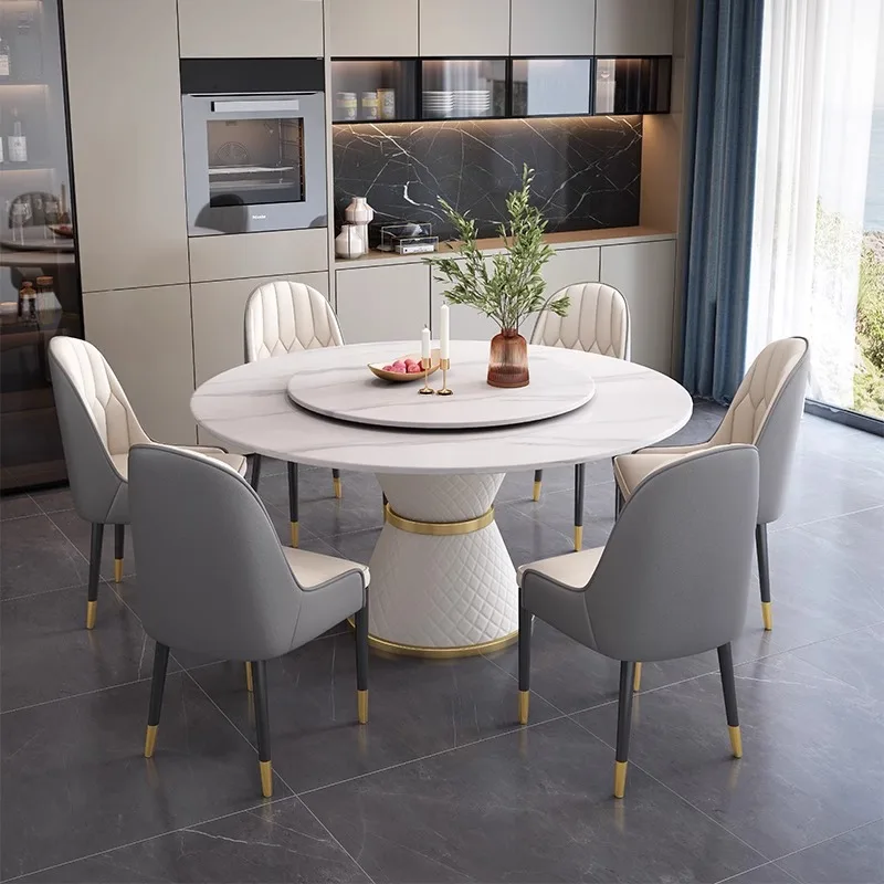 Modern Style Luxury Marble Circular Dining Table Chair Set 4 6 8 Seater Restaurant Rotating White Furniture Wholesale Designs
