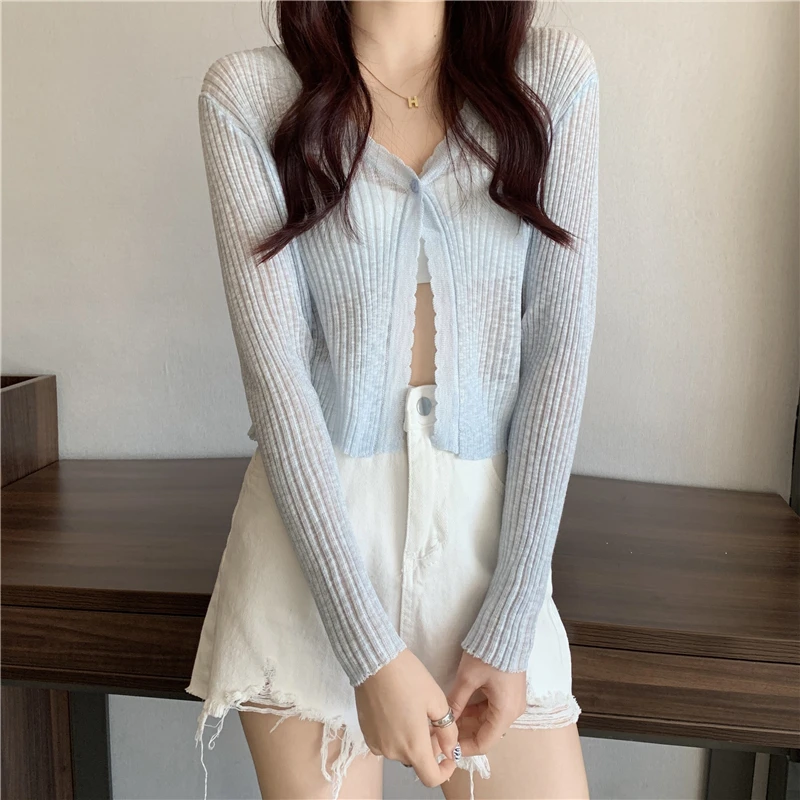 Cardigan Women V-neck Solid Slim Knitted Thin Tops Female Korean Style Simple Fashion Long Sleeve Sun Protection Summer Sweet