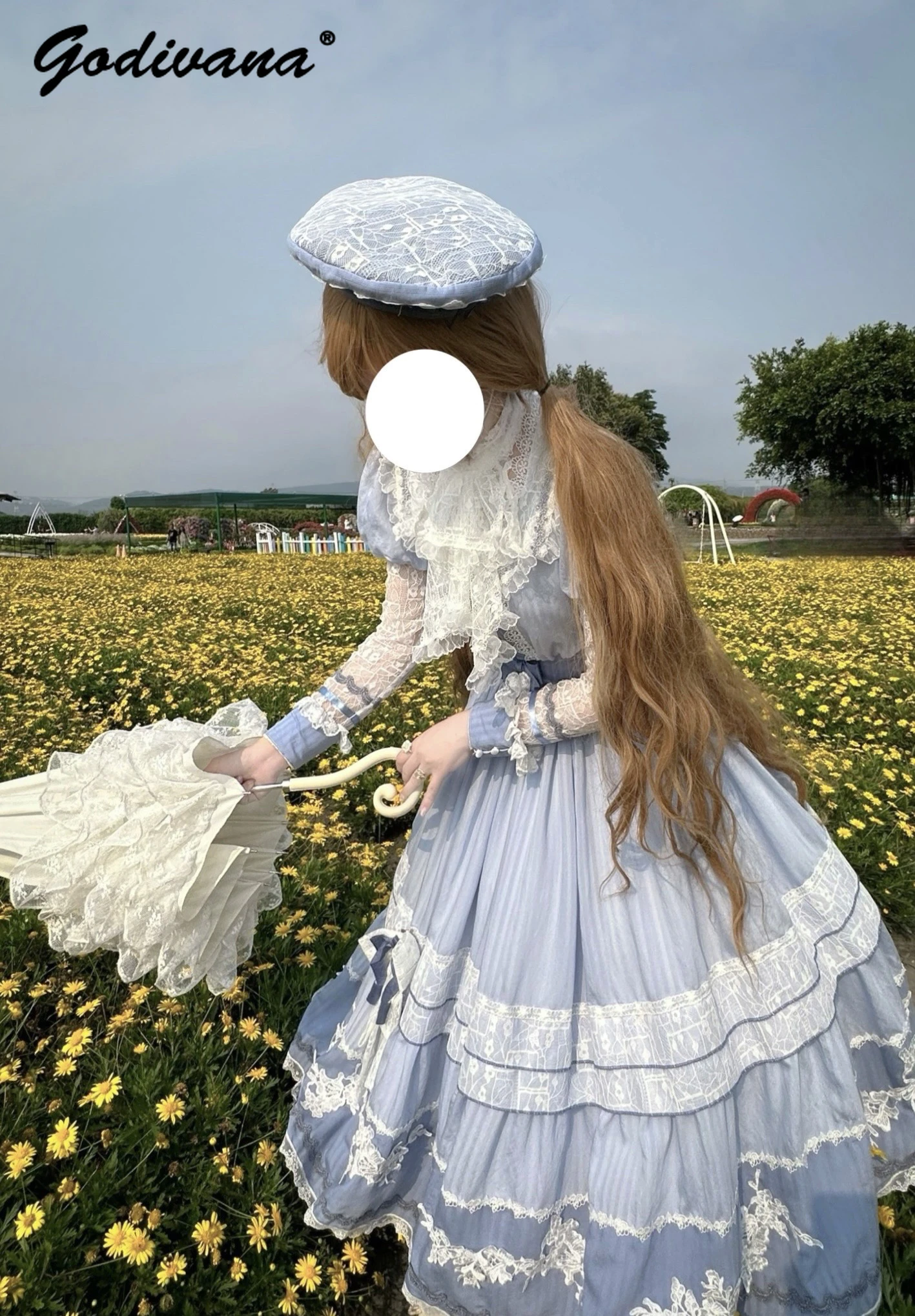 Original Lolita Süße Mädchen Spitze Gesticktes Matrosenkragen Elegantes Cla Kleid Neue Frühling und Herbst Damen Pastorale Lange Kleider