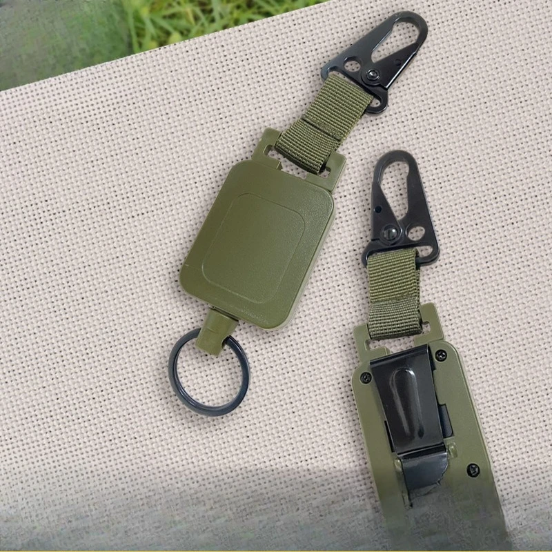 Army Green Square Retractable Key Reel With Eagle Beak Buckle & Back Clip, Steel Wire Webbing Holder for Fishing Outdoor