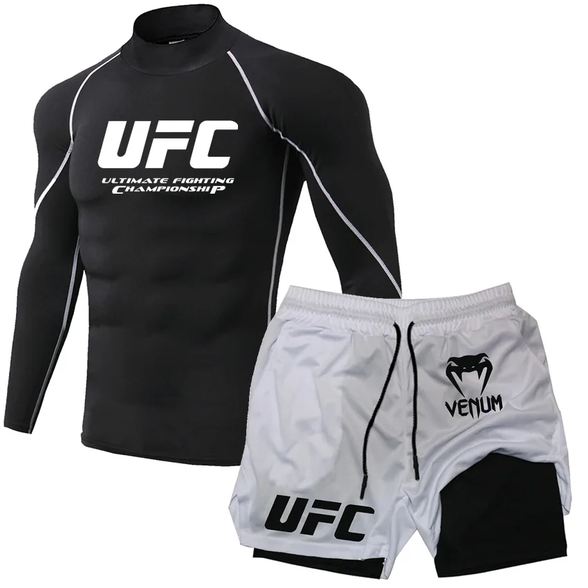 UFC خفيفة الوزن تنفس اللياقة البدنية تي شيرت السراويل الرجال تشغيل الرياضة أعلى السراويل مجموعة التدريب عالية الياقة ضيق كم طويل