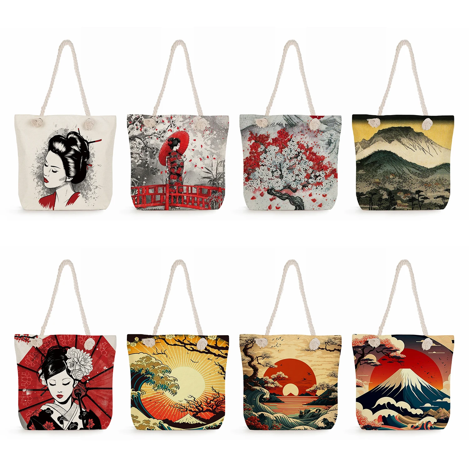 Ukiyoe Print Handbags High Capacity Daily Women Tote Bags Japan Style Design Shopping Bags Casual Thick Rope Travel Beach Bags