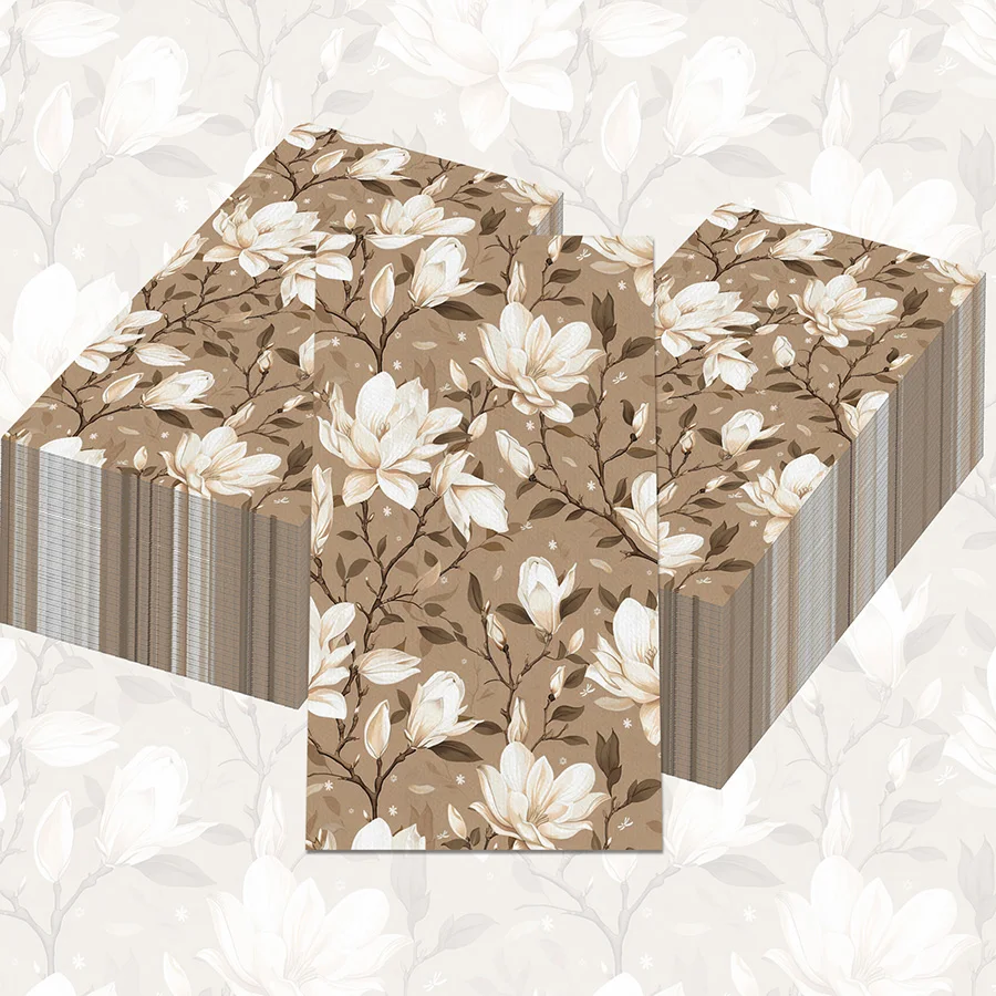 Vintage Brown & White Magnolia Floral Paper Napkins Disposable Serviettes for Farmhouse Wedding Tea Party DIY Decoupage Table De