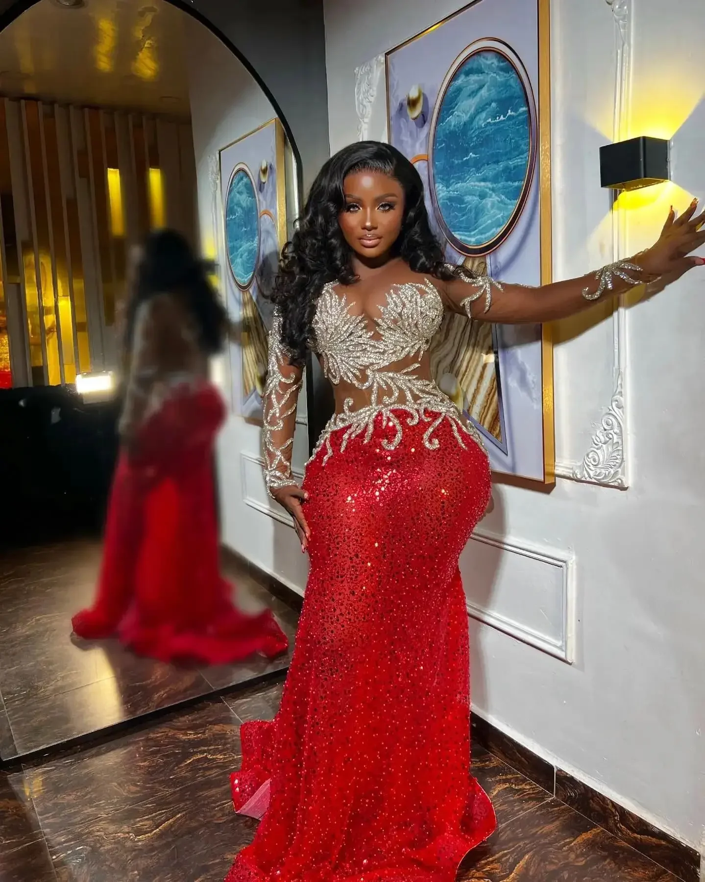 Red Prom Dresses Sequined robe de soiree Mermaid Beaded Evening Gowns Luxury Women Party Dress Illusions Full Sleeve