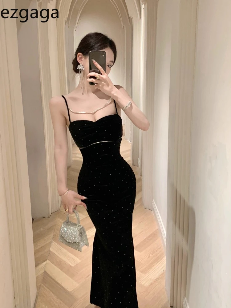 Ezgaga Sexy Mermaid Dresses Women Velvet Sleeveless V Neck Backless French Style Chic Party Temperament Elegant Dress Ladies