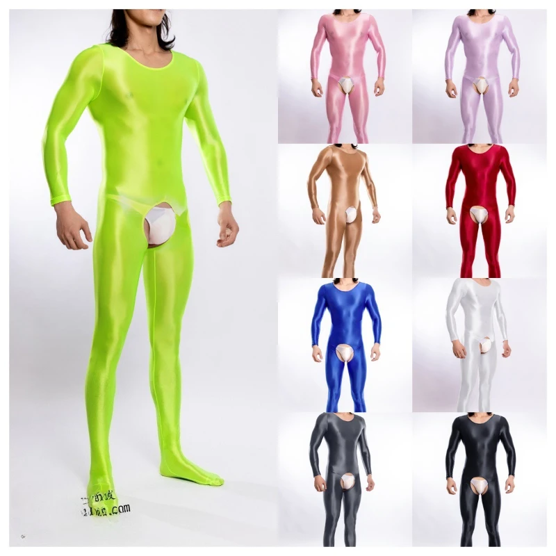 

Сексуальный блестящий масляный глянцевый полный боди для мужчин с открытой промежностью, прозрачный комбинезон, комбинезон для клубной вечеринки, боди с длинными рукавами