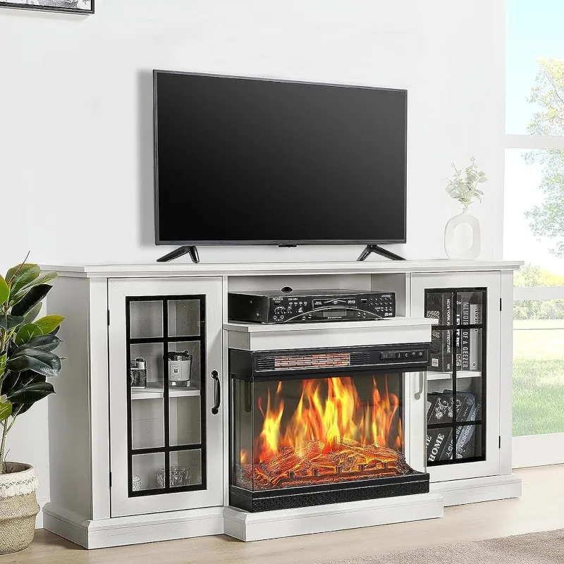 

Fireplace TV Stand with 3-Sided Glass Electric Fireplace, 59" Media Entertainment Center with Farmhouse Glass Door Storage