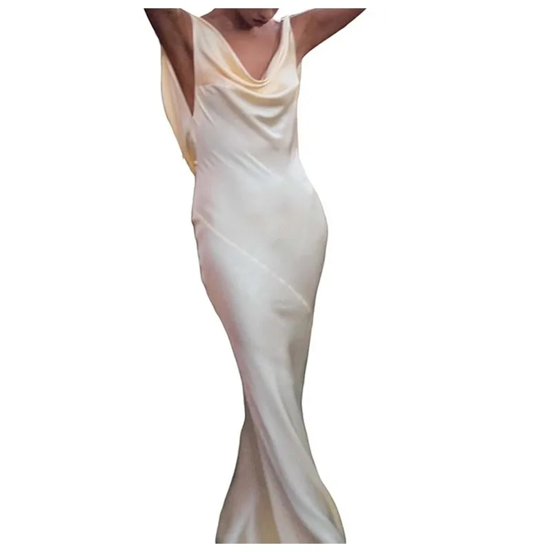 Elegant Slim Fit Satin Backless Maxi Dress Women Vacation Style Lace Up V-Neck Sleeveless Bodycon Stretch Skinny Sexy Party Wear