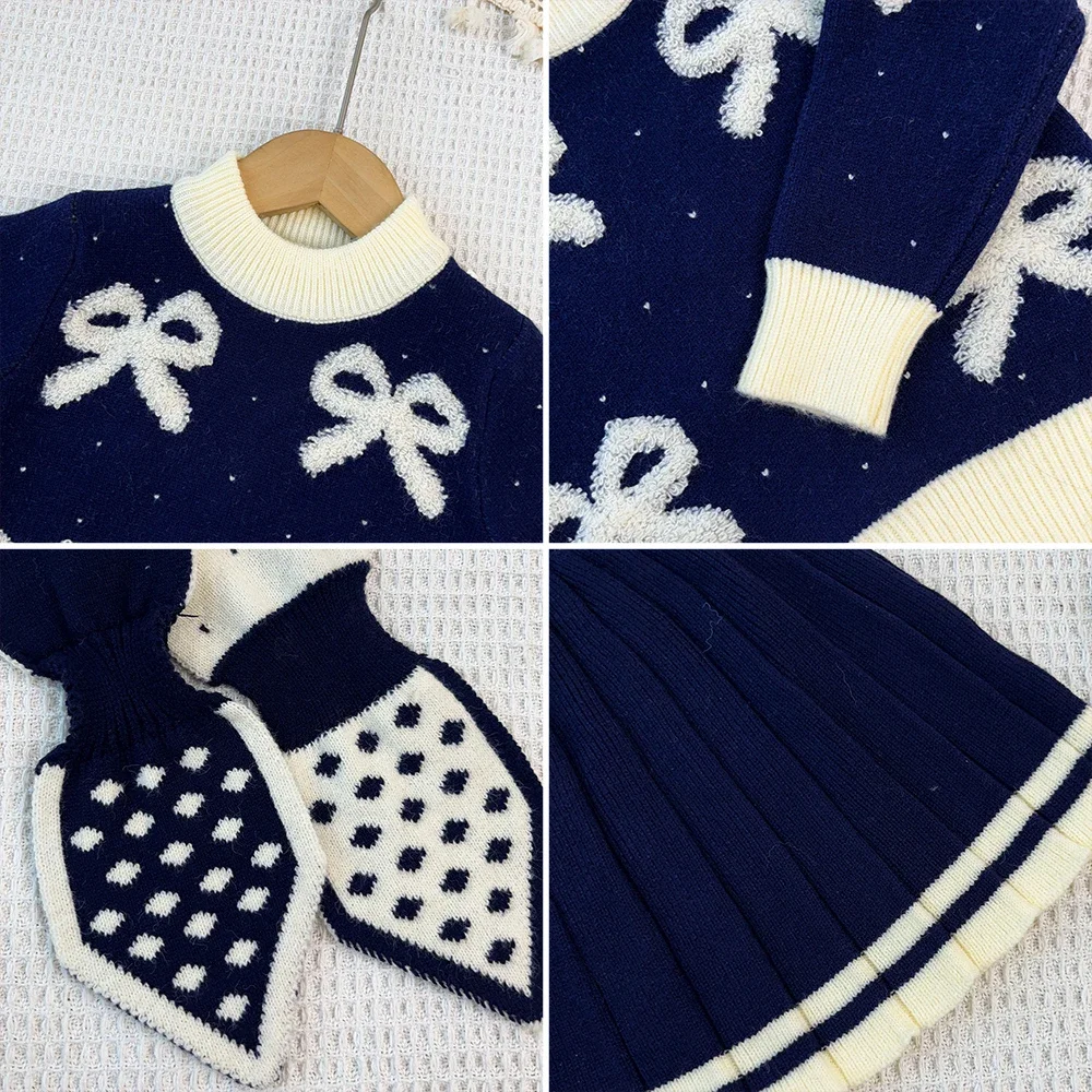 Langärmeliger Pullover für Mädchen, Herbst- und Winterkleidung, Schmetterlingsdruck, Strickoberteil mit Kragen + kurzer Rock, modisches, süßes Kinderset – Detail 15