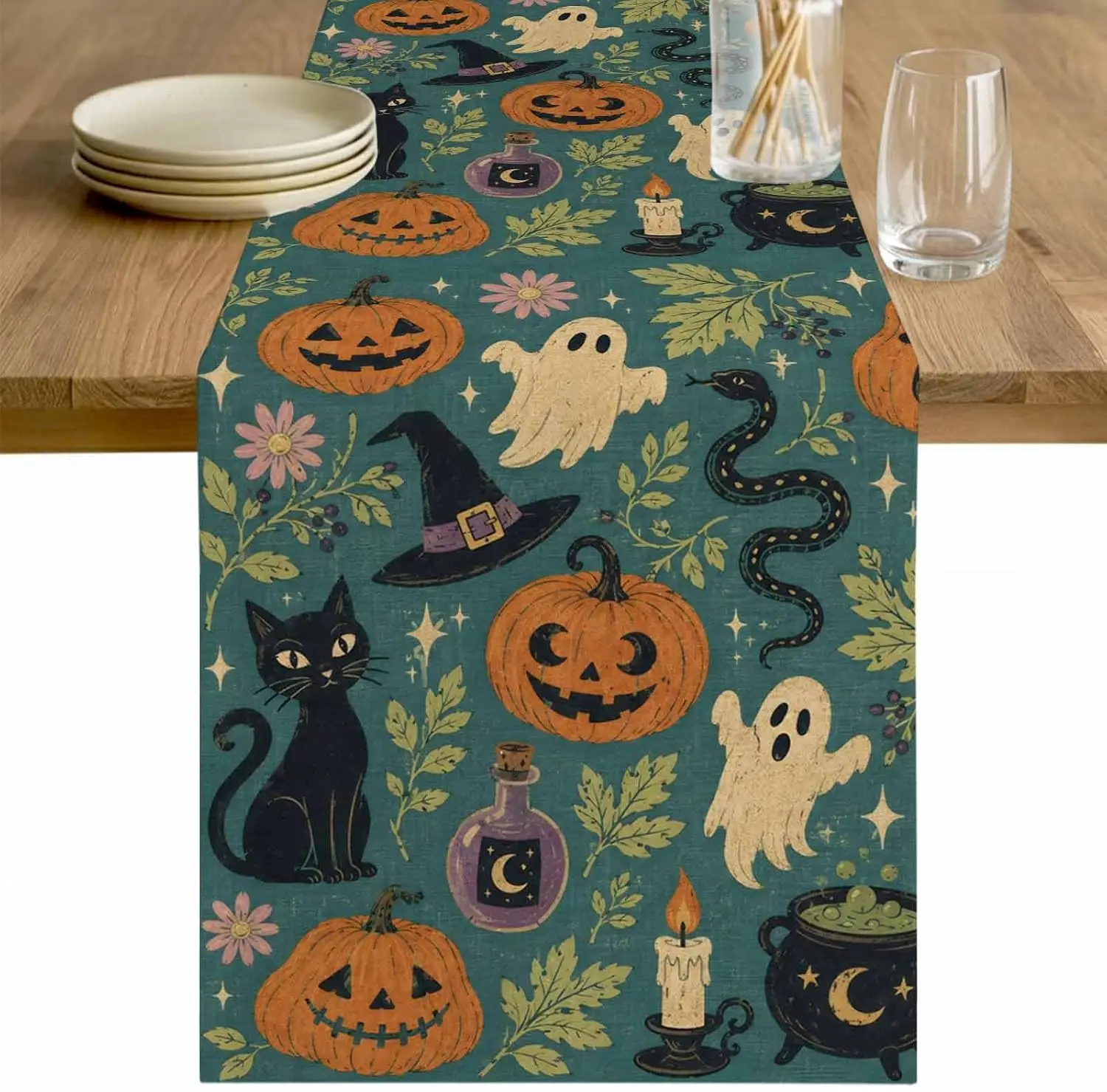 Halloween Ghosts Pumpkin Birds Snake Linen Table Runner Party Decor Reusable Kitchen Dining Table Runner Halloween Decorations