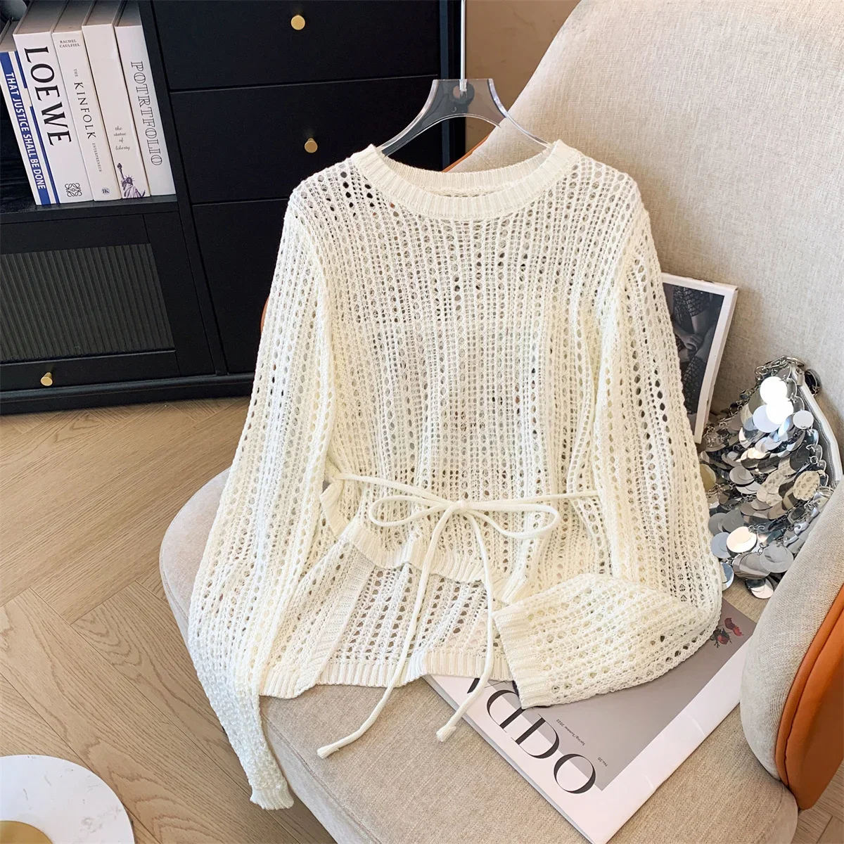 비대칭 긴 소매 크로셰 니트 탑 여름 비치 비키니 커버업 타이 웨이스트 크롭 풀오버 블라우스 여성 휴가복