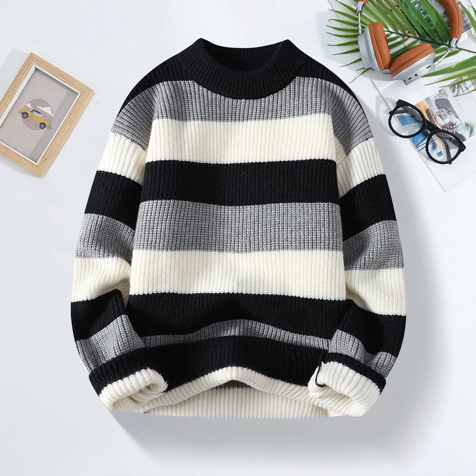 Men Sweater with Half-high Collar for Fall Warm Pullover for Wear Sports Colorblock Knitted Sweater