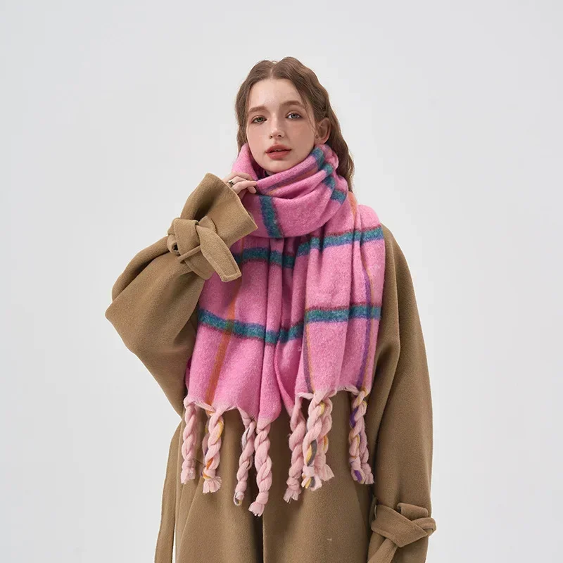 

2023 Design Pink Plaid Scarf For Women Winter Warm Long Tassel Bandana Foulard Female Scarves Tassel Shawl And Wraps