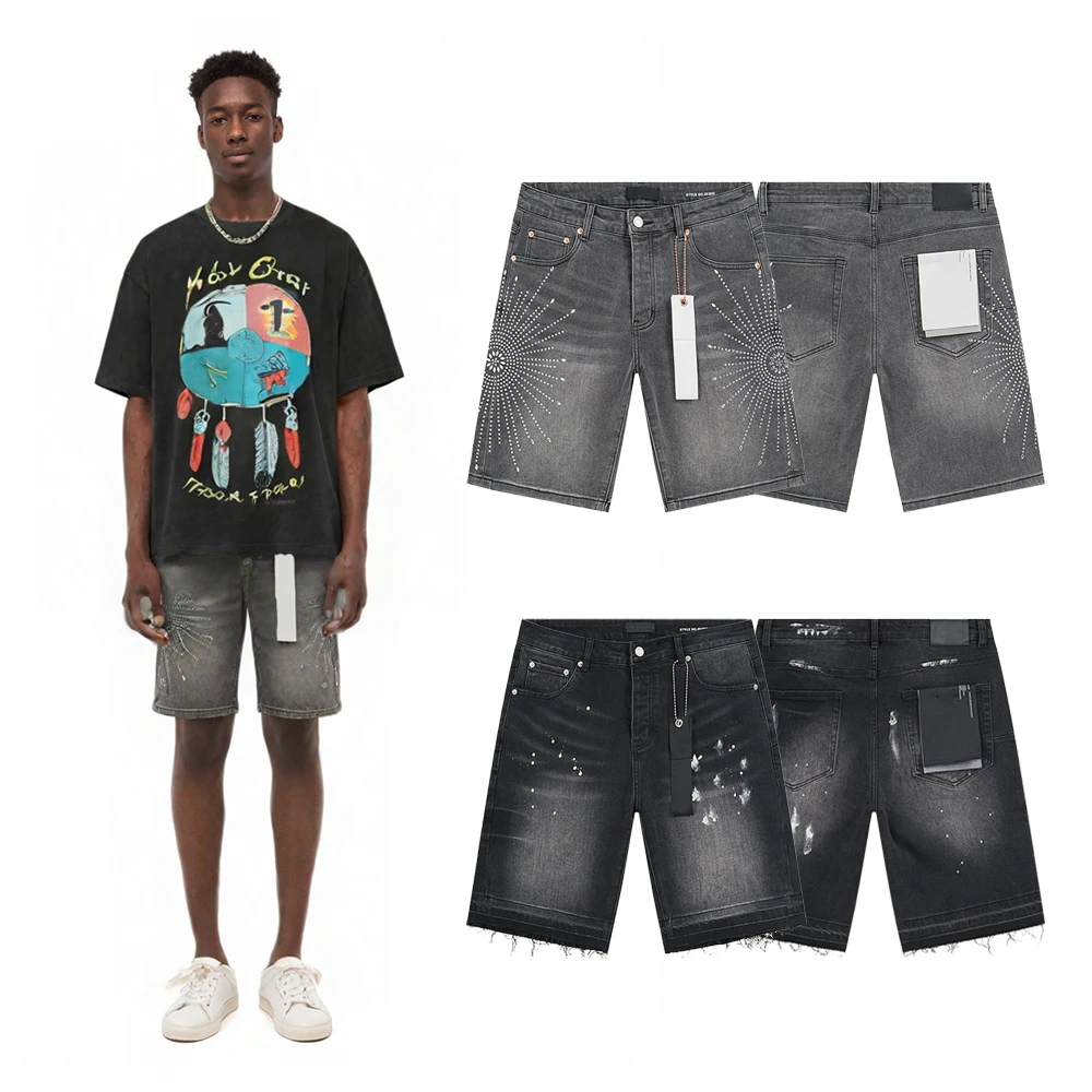 

Y2k Men's Clothing Hip-hop Fashion Streetwear Retro Denim Shorts Ripped Jeans Street Style Jeans with Rhinestones Shorts for Men