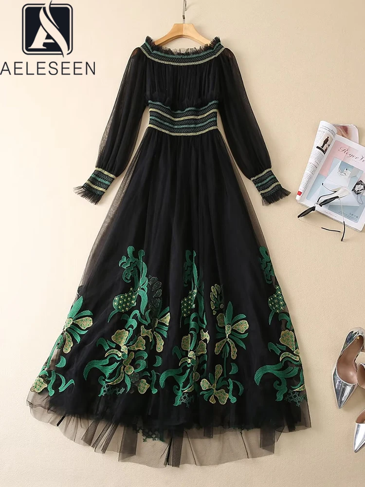 

AELESEEN Vintage Long Party Dress Women Slash Neck Lantern Sleeve High Street Black Green Flower Embroidery Elegant Party