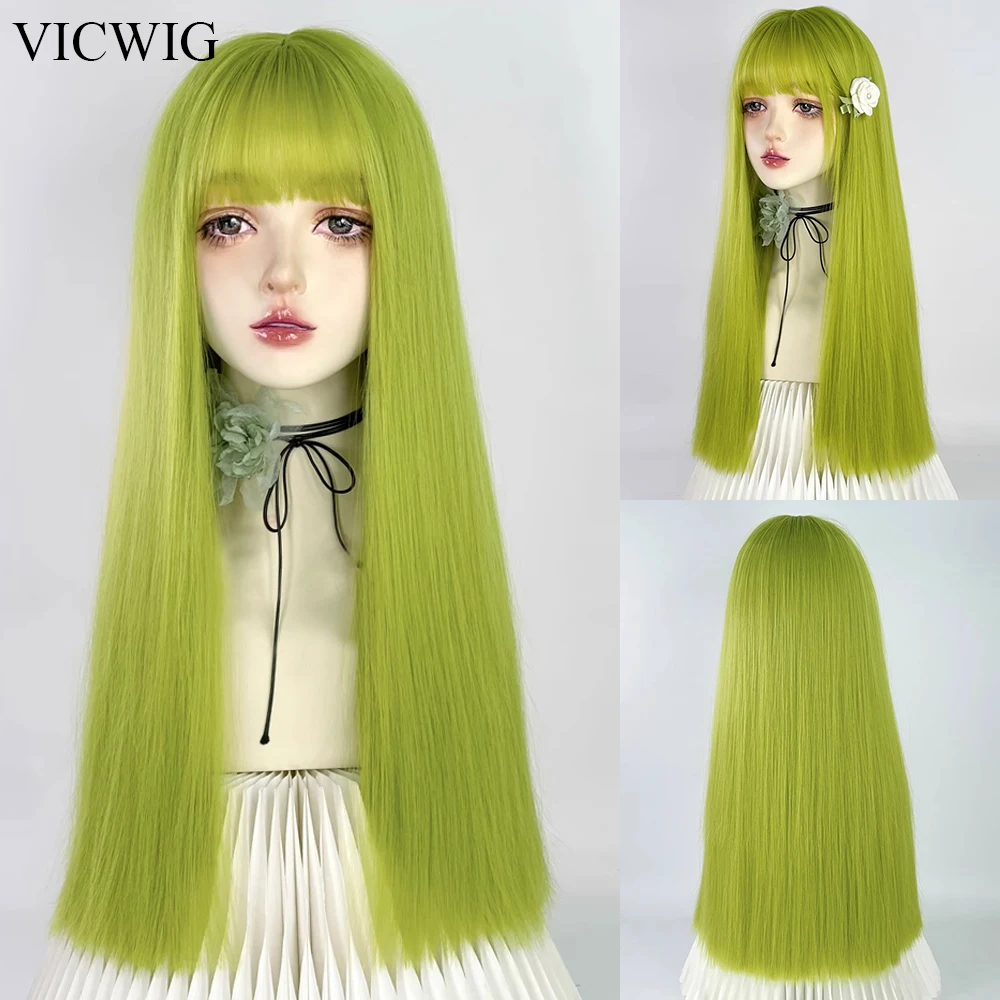 VICWIG-Peruca sintética longa reta verde com franja para mulheres, peruca resistente ao calor, Lolita Cosplay, festa diária