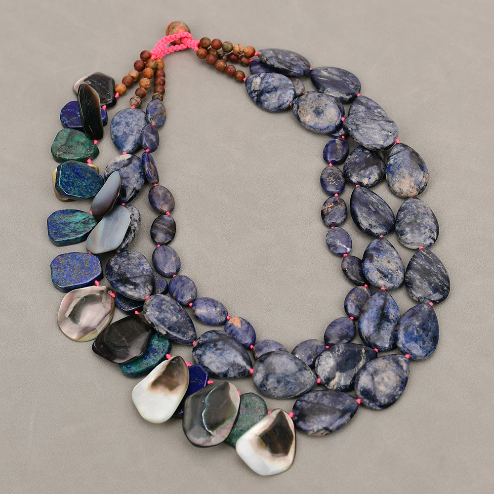 APDGG A104 Handmade 3 Rows Natural Mix Stone Black Shell Blue Vein Stone Multi Strands Necklace