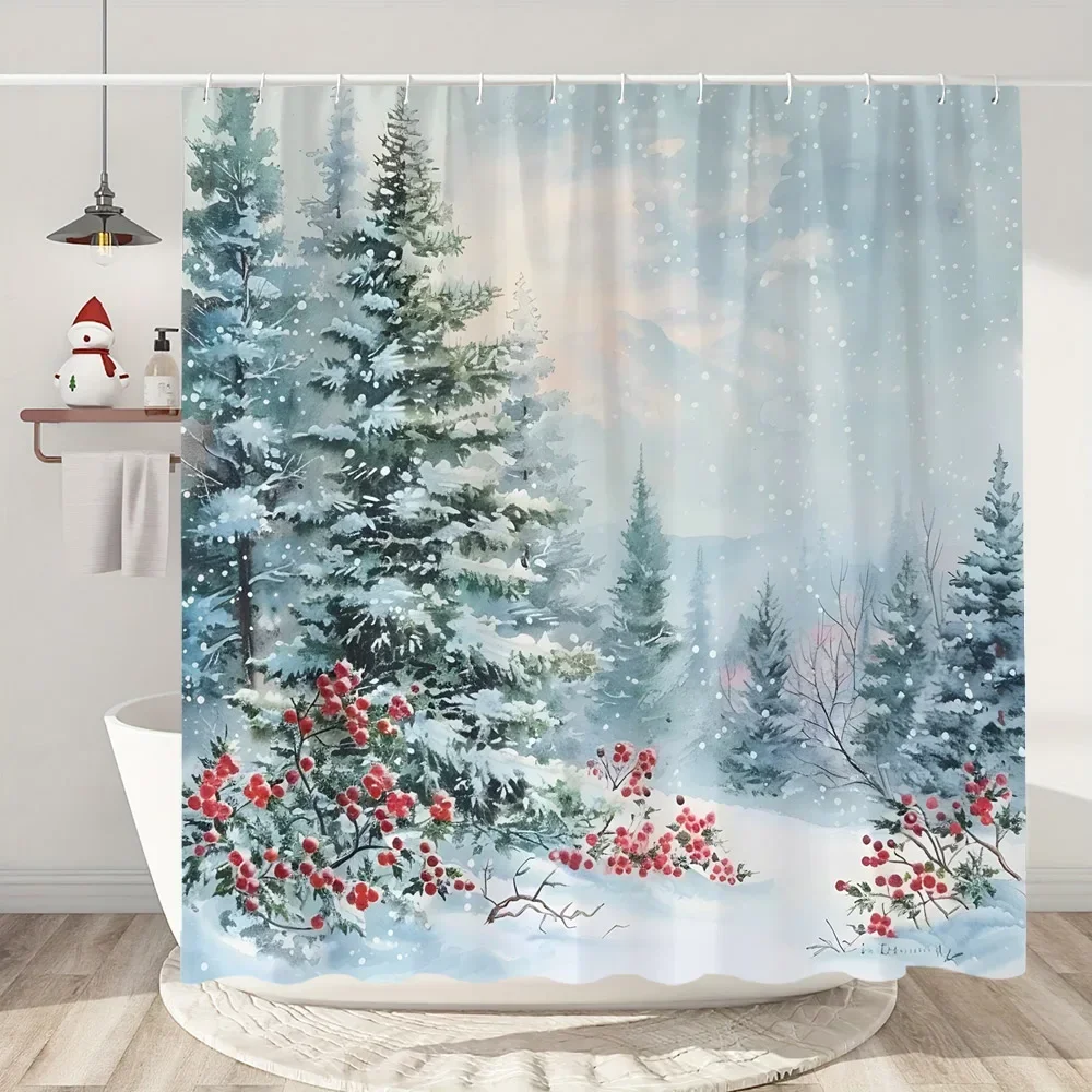 

GAESnowman Christmas Shower Curtain Christmas Tree Gifts Red Bird Winter Snow Fabric Printed Bath Curtain Bathroom Decor With